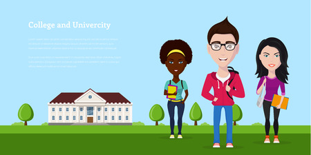Picture of group of students in front of university building, university and college study banner, education concept, flat style illustrationのイラスト素材