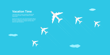 Picture of a civilian planes flying above the clouds, flat style illustration, banner for business, website etc., traveling, vacation, around the world conceptのイラスト素材