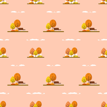 Seamless pattern with trees, grass, benches and clouds. Flat style illustration.のイラスト素材