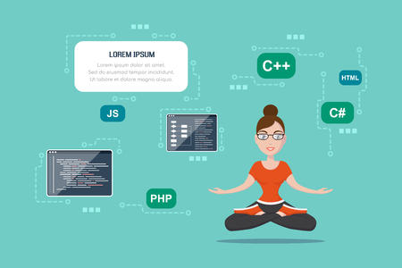 Picture of a smart programmer girl, with programming languages and technologies, cartoon character illustrationのイラスト素材