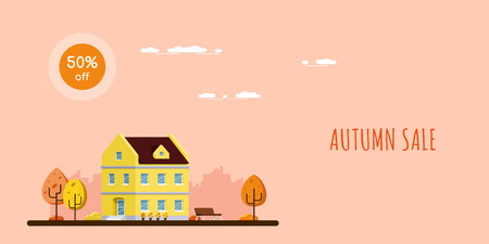 autumn sale banner, picture of a house with trees, rural landscape, flat style illustrationのイラスト素材