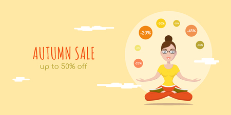 Autumn sale flat style concept banner. Cute female in yoga pose character joggling with discount signs.のイラスト素材