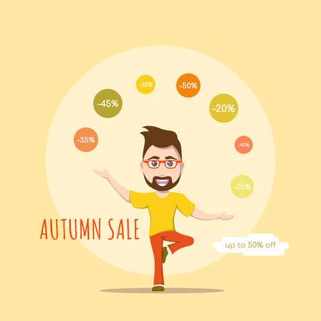 Autumn sale flat style concept banner. Cute male character joggling with discount signs.のイラスト素材