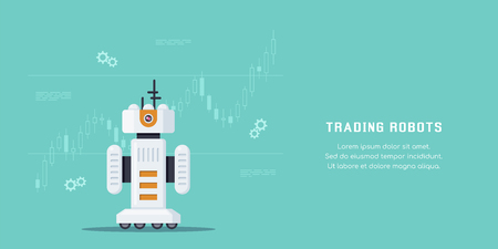Trading robots concept banner design. Stock market, forex and cryptocurrency trading. Flat style illustration.のイラスト素材