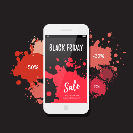 Black friday sale banner design. Modern smartphone and paint blots on background.のイラスト素材
