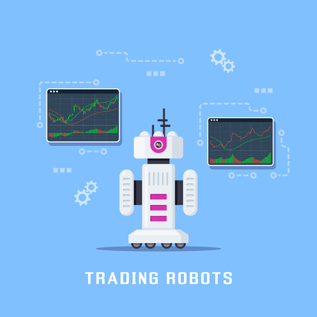 Trading robots concept banner design. Stock market, forex and cryptocurrency trading. Flat style illustration.のイラスト素材
