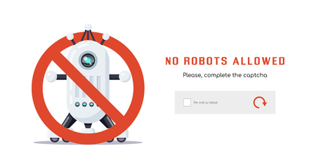 Flat style design for captcha web page. Robot icon with prohibition sign. No robot allowed.のイラスト素材