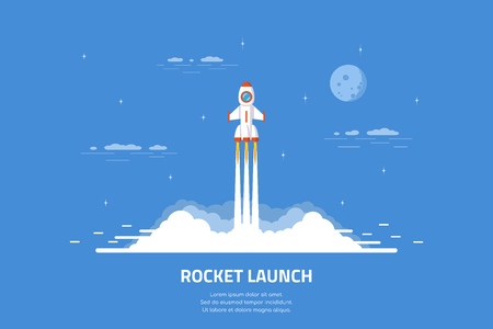 Rocket launch, spaceship. Flat style concept banner of business startup.のイラスト素材