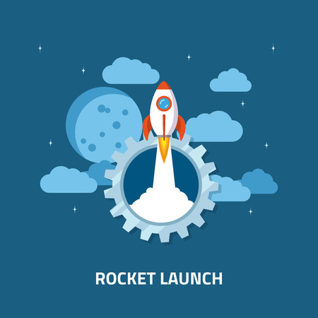 Rocket launch, spaceship. Flat style concept banner of business startup.のイラスト素材