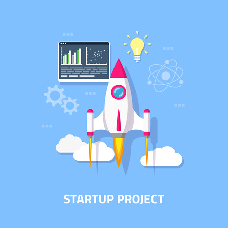 Business startup concept banner. Rocket launch. Flat ctyle illustration.のイラスト素材