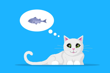 Cute cat dreaming about fish. Flat style illustration. Character design.のイラスト素材
