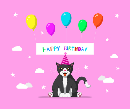 Picture of cute cat with colored baloonsのイラスト素材