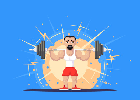 Weight Lifting athlete with barbel on neck back. Gym workout concept. Flat style character design.のイラスト素材