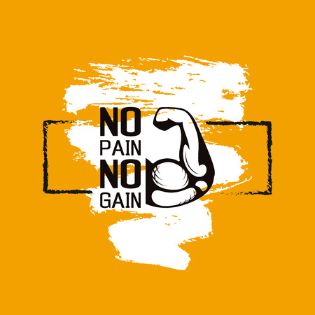 No pain no gain. Gym workoun motivation quote with muscular arm on grungy background with paint brush strokes. Fitness, bodybuilding concept.のイラスト素材
