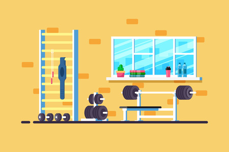 Flat style illustration of gym interior. Heavy barbell, barbell rack and additional gym equipment. Bodybuilding, fitness, sport, healthy lifestyle concept.のイラスト素材