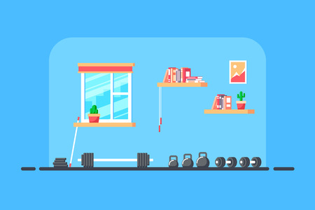 Flat style illustration of gym interior. Heavy barbell for deadlift and additional gym equipment. Bodybuilding, fitness, sport, healthy lifestyle concept.のイラスト素材