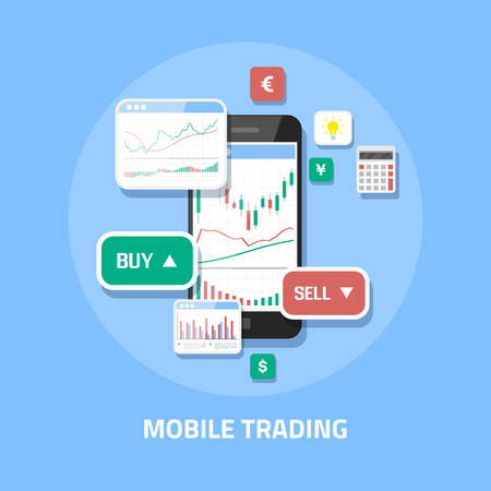Flat style web banner design. Mobile stock trading concept, online trading, stock market analysis, business and investment, forex exchange.のイラスト素材