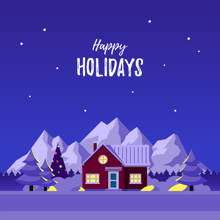 Winter rural landscape with living house, pines, snowdrifts and mountains on background. Christmass greeting card design. Flat style illustration.のイラスト素材