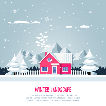 Winter rural landscape with living house, pines, snowdrifts and mountains on background. Flat style illustrationのイラスト素材