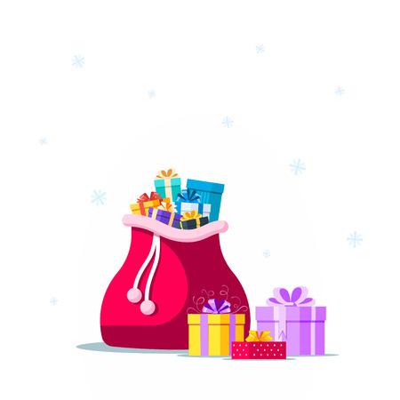 Picture of big red Santa's bag filled with gift boxes isolated on white background. Christmas greeting card template. Flat style illustration.のイラスト素材