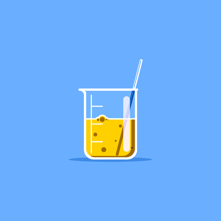 Flat style illustration of laboratory beaker with yellow liquid. Scientific research concept.のイラスト素材