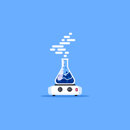 Laboratory equipment. Electric heater and flask with blue boiling liquid. Flat style illustration. Scientific research concept.のイラスト素材