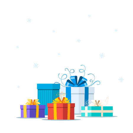 Picture of colorful wrapped gift boxes isolated on white background. Christmas greeting card template. Flat style illustration.のイラスト素材