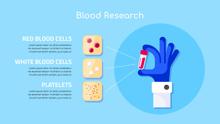 Picture of human hand holding tube with blood. Infographic template with blood cells. Blood research concept.のイラスト素材
