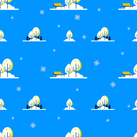 Winter colorful flat style seamless patter with trees and snowflakes.のイラスト素材