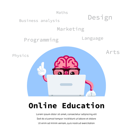 Human brain watching educational vido on laptop. Online education concept. Flat style illustration.のイラスト素材
