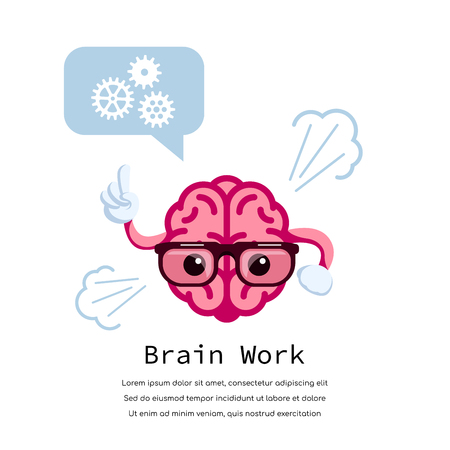 Human brain with glasses, speech bubble with gears. Thinking process and brain activity concept. Flat style illustration.のイラスト素材