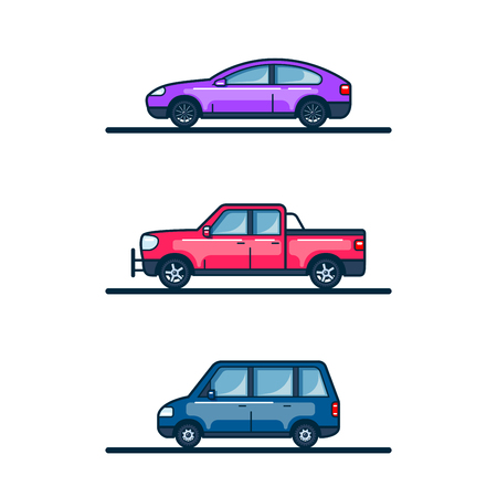 Set of car icons isolated on white background. Colorful flat style lineart illustration.のイラスト素材