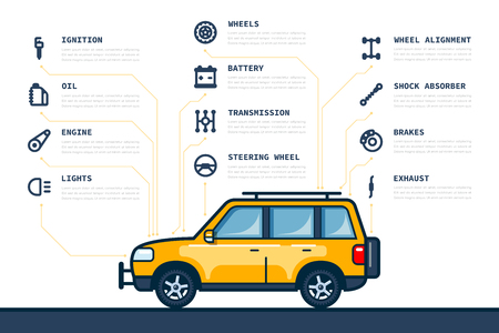 Infographic template with car and car parts icons, service and repair concept. Flat style line art illustration.のイラスト素材