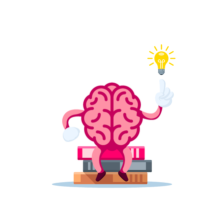 Human brain sitting on book stack with lightbulb. Brain training, education, creativity concept. Flat style illustration.のイラスト素材