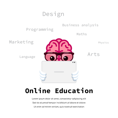 Human brain watching educational video on tablet. Online education concept. Flat style illustration.のイラスト素材