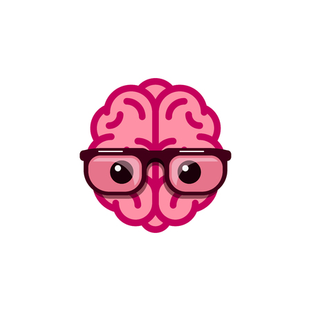 Picture of funny human brain character with glasses. Flat style illustration. Brain power, creativity, intelligence concept.のイラスト素材
