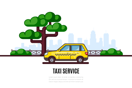 Taxi car parking along the city street. Taxi service flat style concept banner.のイラスト素材