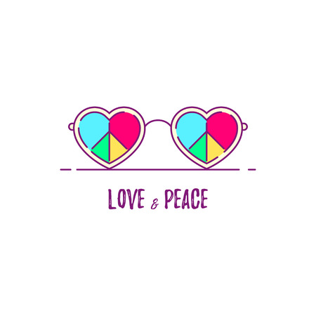 Love and peace hippie concept banner. Text with heart shaped sunglasses isolated on white background.のイラスト素材
