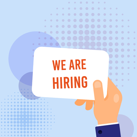 We are hiring. Job search, recruiting, human recource concept. Businessman hand holding card with text template. Flat style illustration.のイラスト素材