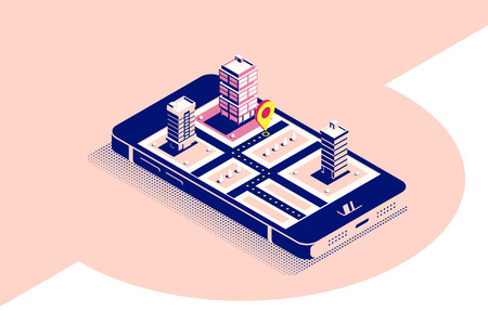 Flat style concept banner for mobile navigation. Smartphone in isometric 3D view with map and pointer on it's screen. Flat style illustration.のイラスト素材