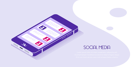 Flat style banner for social media concept. Smartphone in isometric view with social media icons.のイラスト素材