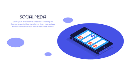 Flat style banner for social media concept. Smartphone in isometric view with social media icons.のイラスト素材