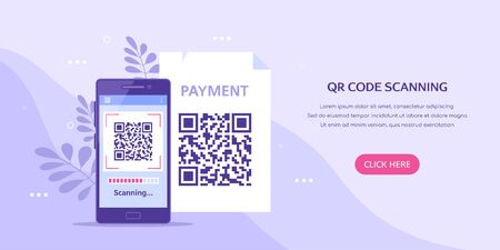 QR code scanning concept banner. Mobile phone with qr code on screen. Flat style illustration.のイラスト素材