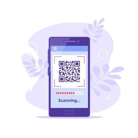 QR code scanning concept banner. Mobile phone with qr code on screen. Flat style illustration.