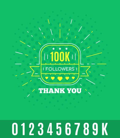 Greeting card with thank to followers. Line art label for social media. Web user or blogger celebrates a large number of subscribers.のイラスト素材