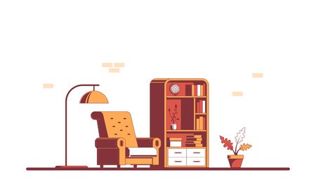 Living room with furniture. Flat style illustration of a living room interior. Banner design.のイラスト素材