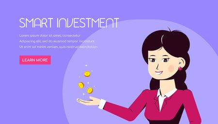 Concept banner design. Investment, money making, personal assistant. Picture of a woman character with gold coins. Flat style illustration.のイラスト素材