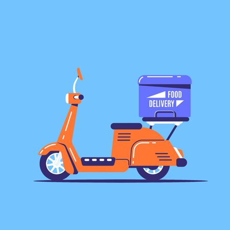 Flat style image of an electric scooter with a box. Fast goods delivery concept design.のイラスト素材
