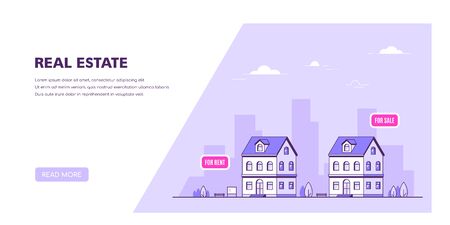 Real Estate Concept Banner in Flat Style. Apparmnet Building in front of Big City. Stock Vector illustrationのイラスト素材