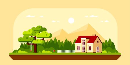 Family suburban cottage house, Flat design illustration.のイラスト素材